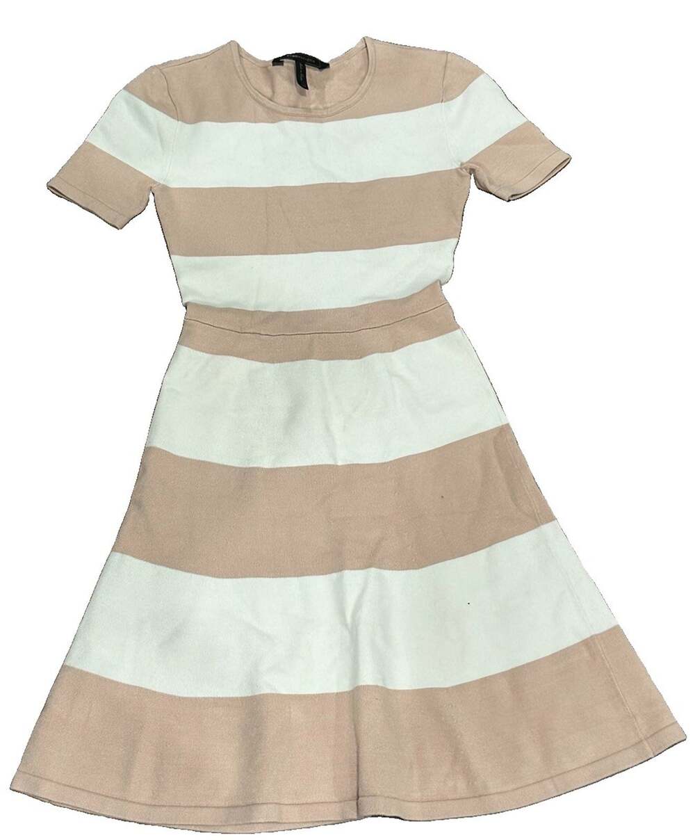 BCBGMAXAZRIA Beige/White Striped Knit A-Line Crew Neck Dress - Size 2XS